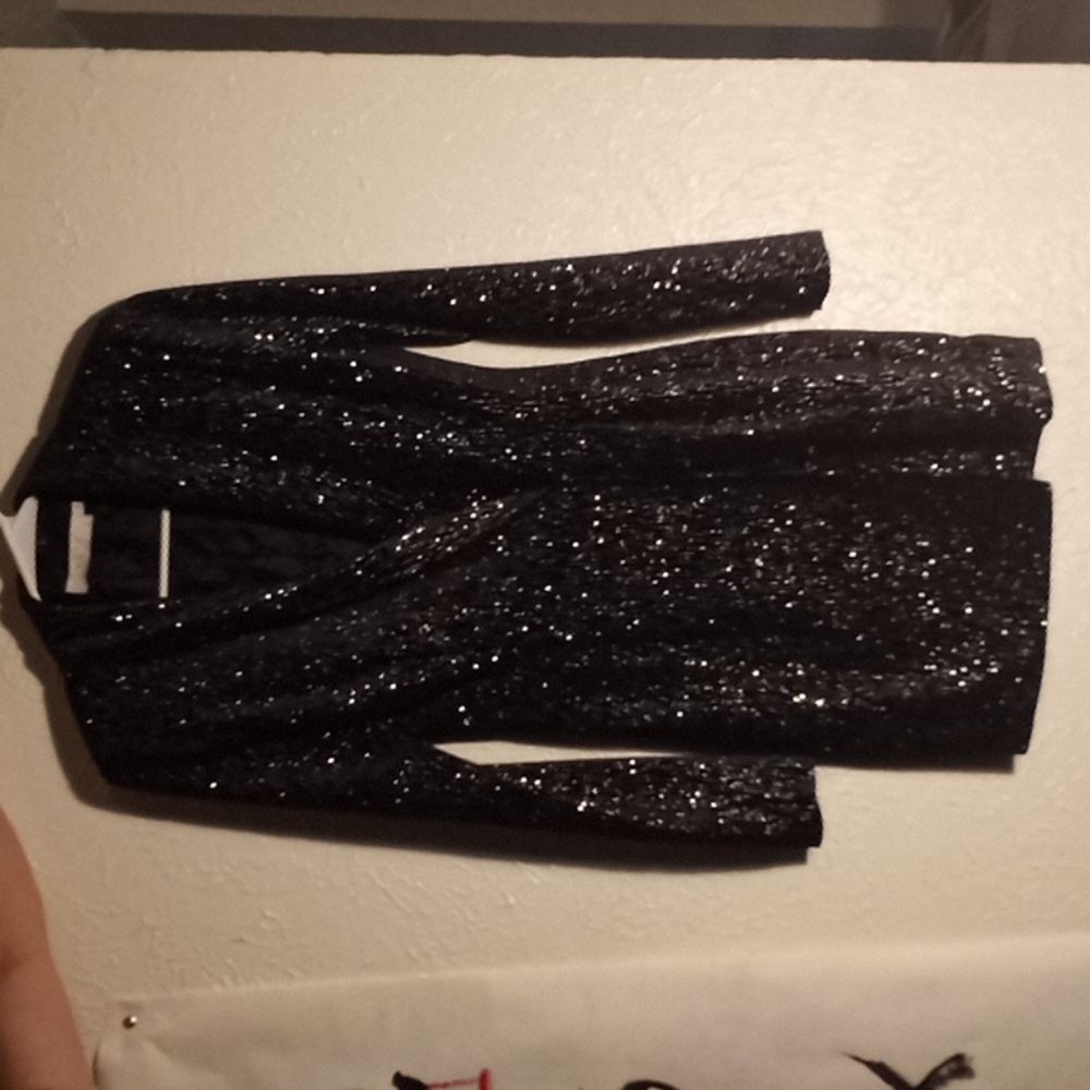 Black velvet, suit jacket dress, with silver glitter. (Worn open in the 2nd pic)